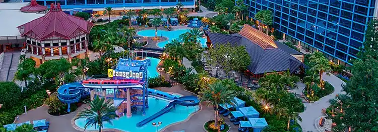 An aerial view of the swimming pools at the Disneyland hotel