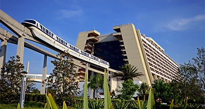 A Monorail passing through Disney's Contemporary Resort