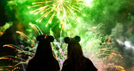Two women wearing Minnie Mouse ear headbands, watching a fireworks show