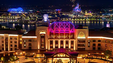 The Shanghai Disneyland Hotel lit up at night