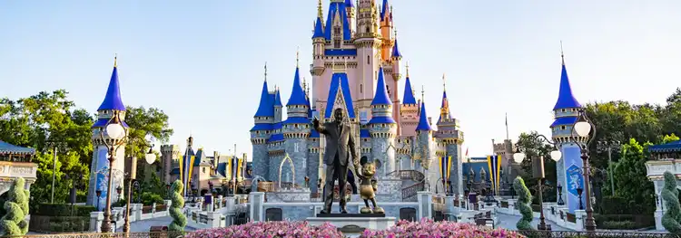 The Partners statue of Walt Disney and Mickey Mouse in front of Cinderella Castle