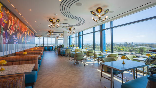 A music themed restaurant with sweeping views of the Anaheim skyline at Disneyland Hotel