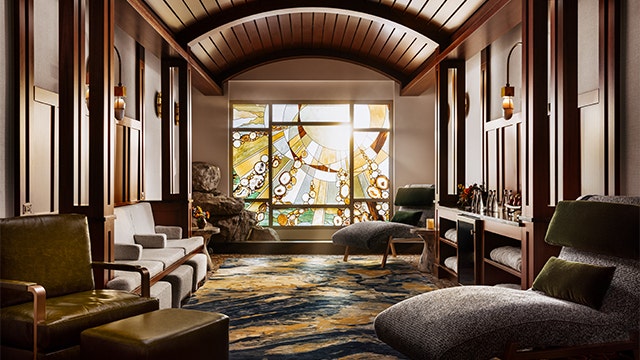 The relaxation room overlooking a large window at Tenaya Stone Spa